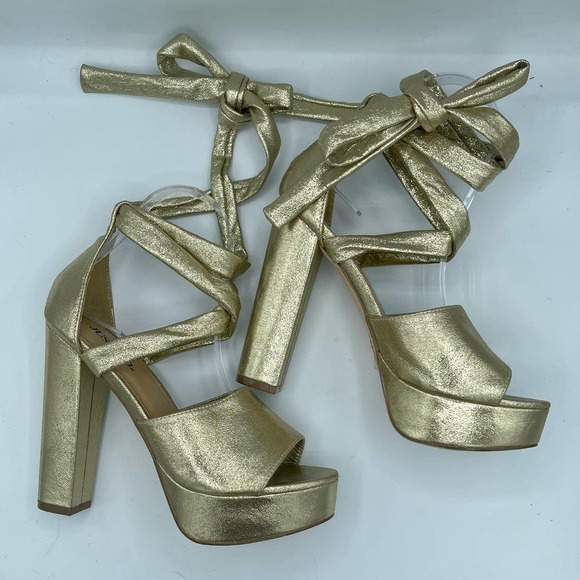 Gold Faux Leather Ankle Tie Sandal Heels Size 7 - Picture 13 of 16